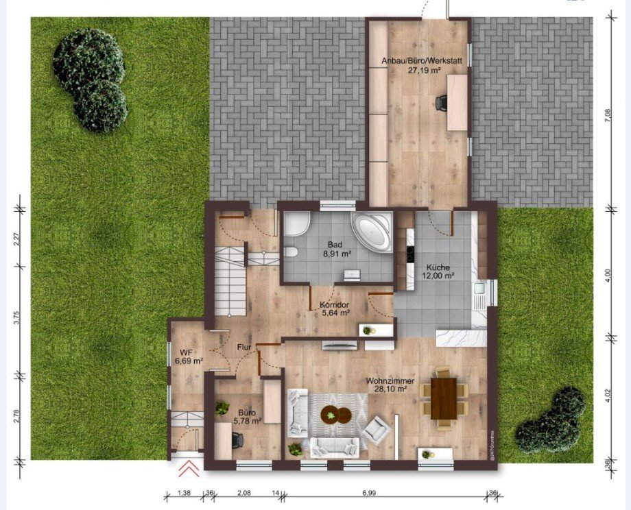 Grundriss mit Werkstattanbau Einfamilienhaus Ilmenau