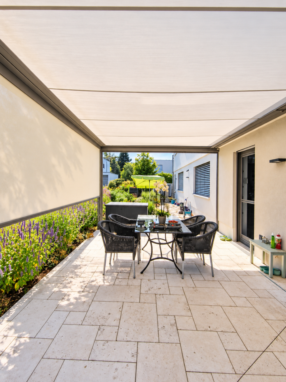 Terrasse mit flexiblem Sichtschutz und �berdachung Haus Erfurt